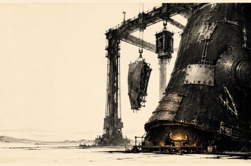 A colossal repaired machine rests in a vast landscape while two tiny figures sit beneath an unused upgrade structure.