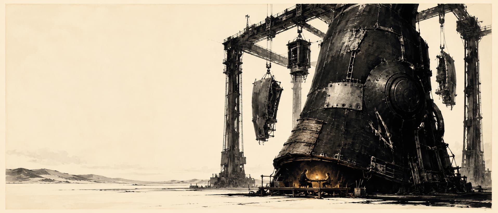 A colossal repaired machine rests in a vast landscape while two tiny figures sit beneath an unused upgrade structure.
